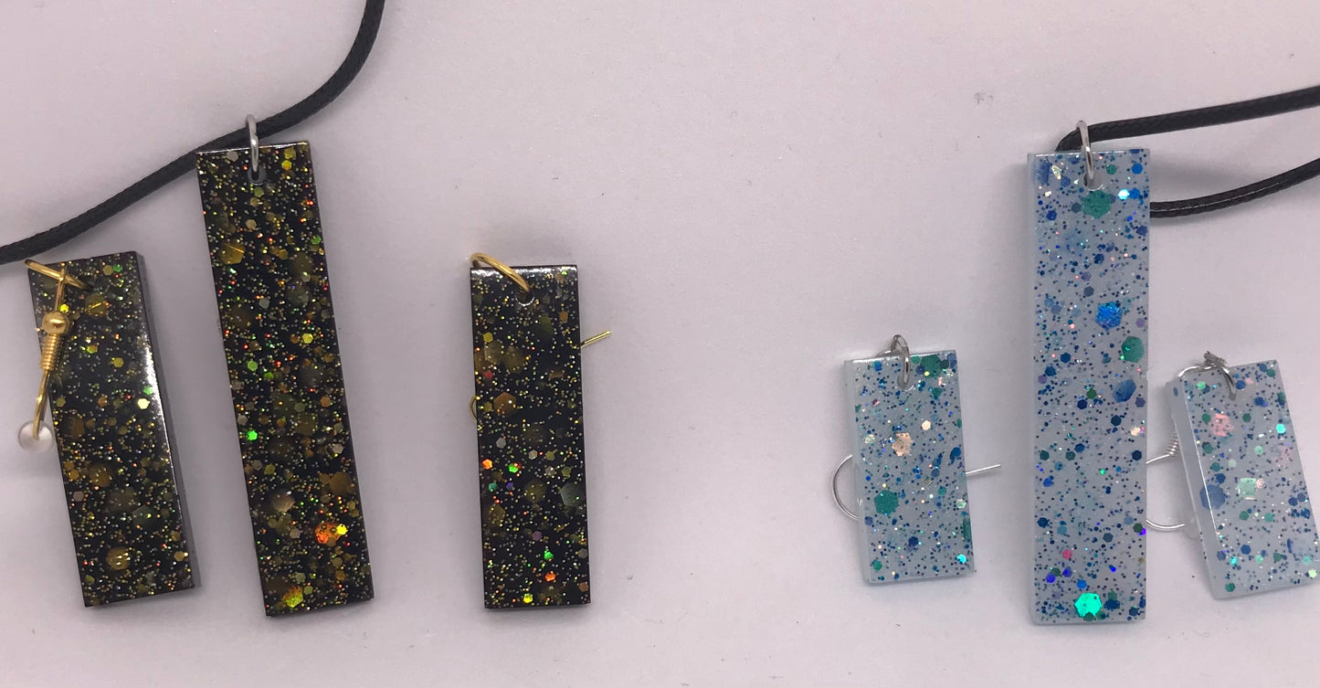 Neon, Sparkly Black, Gold, Blue Necklace and Earrings