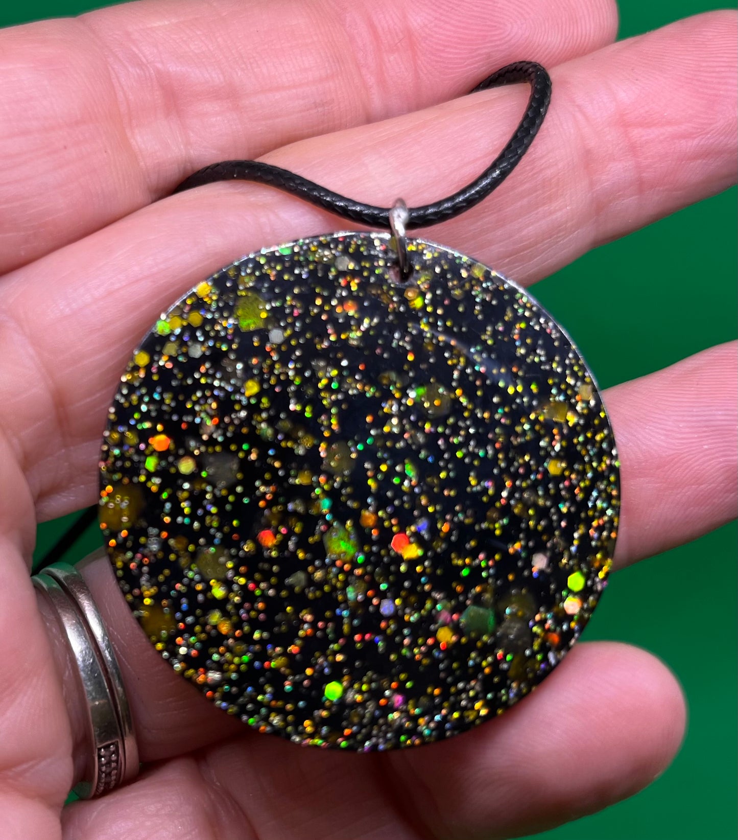 Black and Gold necklace, starry night collection, sparkling necklace, black and gold circle necklace, gifts for her, gold resin necklace