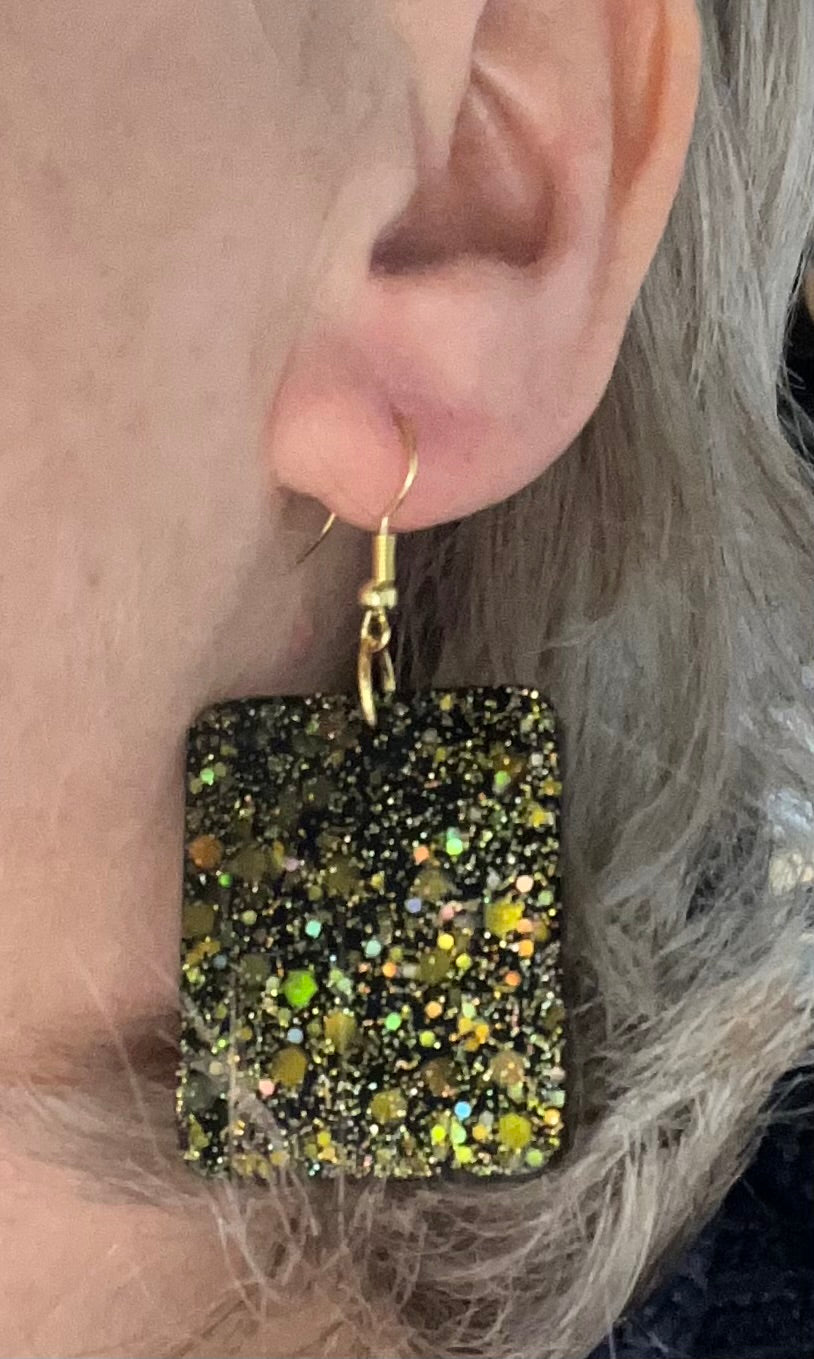 Black and Gold large square earrings, starry night collection, sparkling earrings, black and gold square earrings, large earrings, gifts for her
