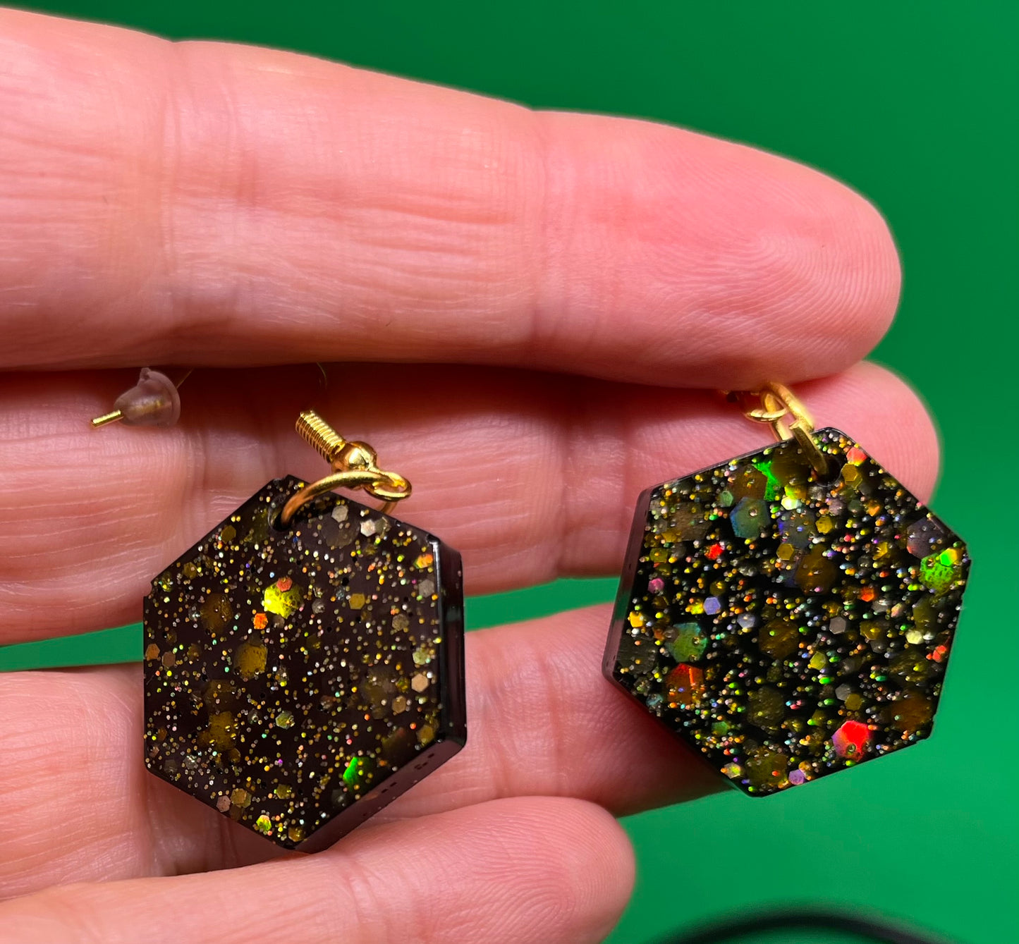 Black and Gold small hexagon earrings, starry night collection, sparkling earrings, black and gold hexagon earrings, gifts for her