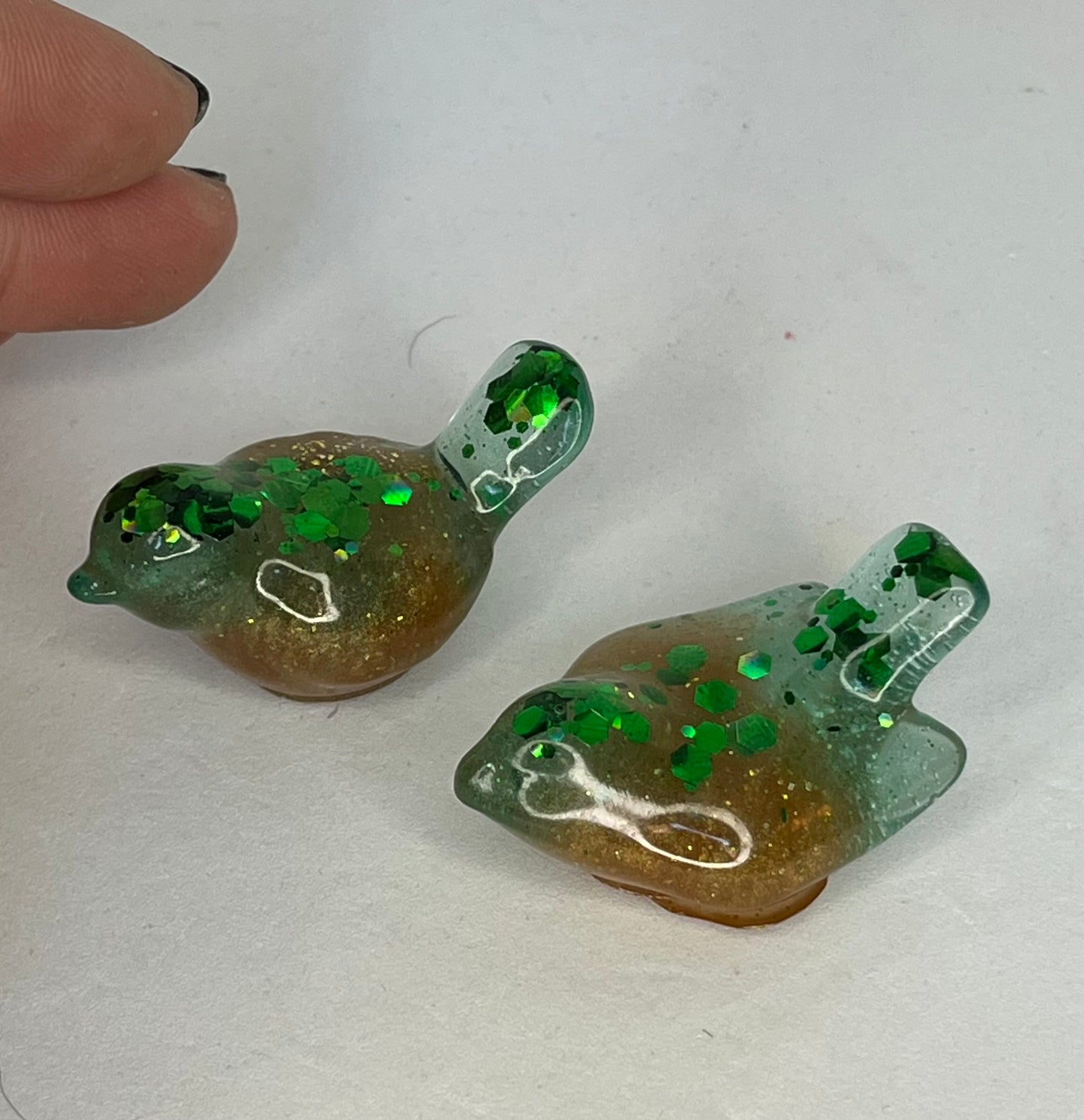 Handmade Green Gold Glitter Resin Bird Figurines, Pocket Pet Decor