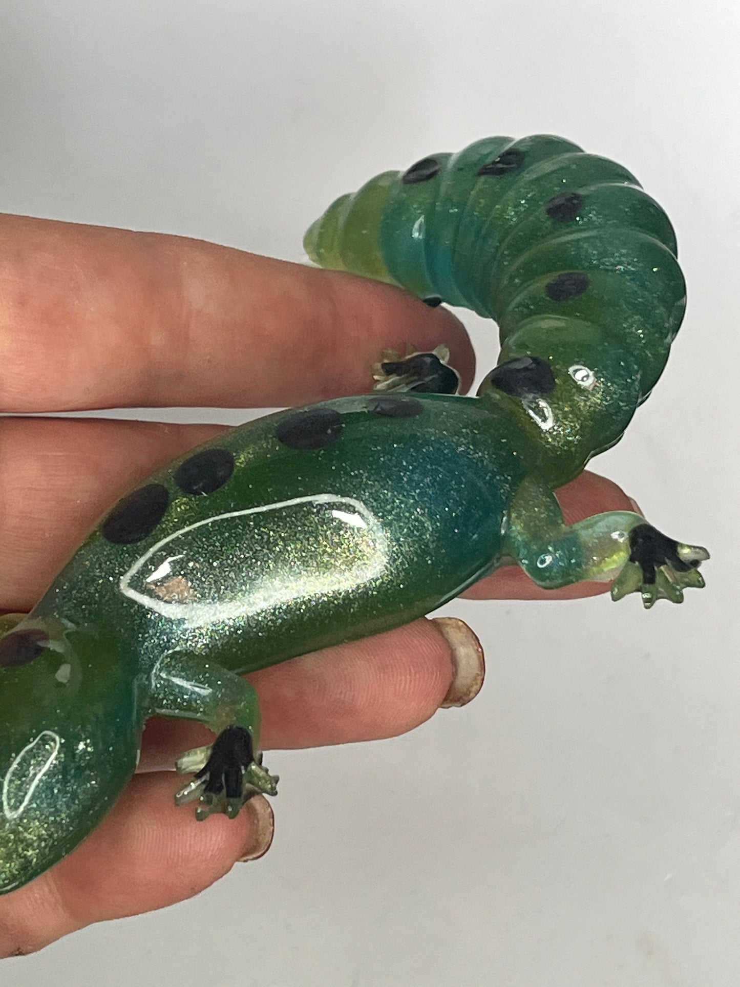 Green and blue spotted gecko resin figurine, handcrafted collectible, desk decor for miniature lovers