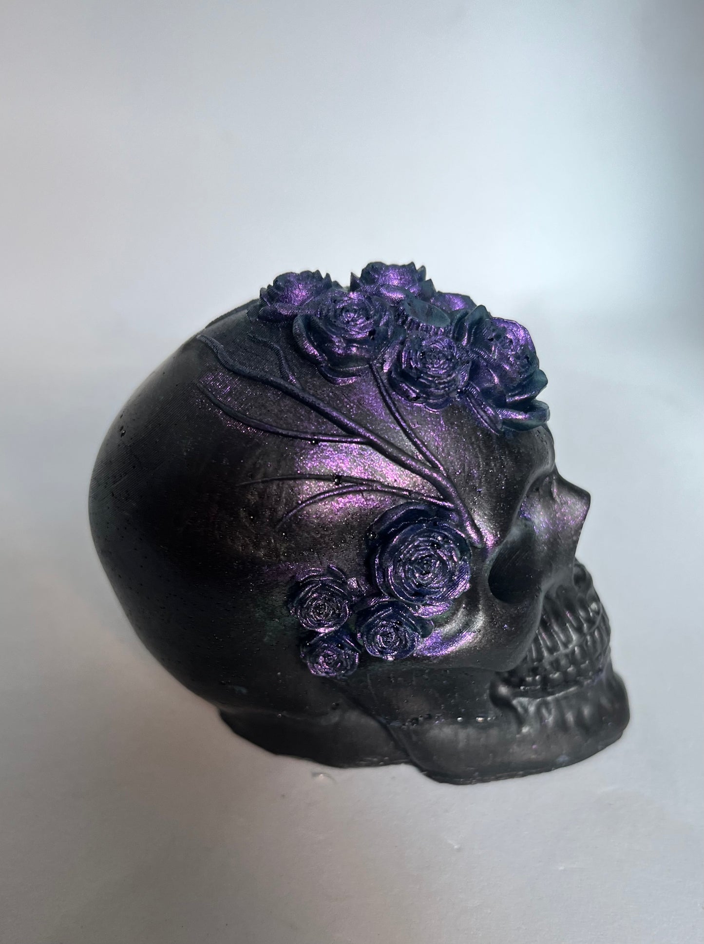 Black Resin Skull Paperweight with Flowers
