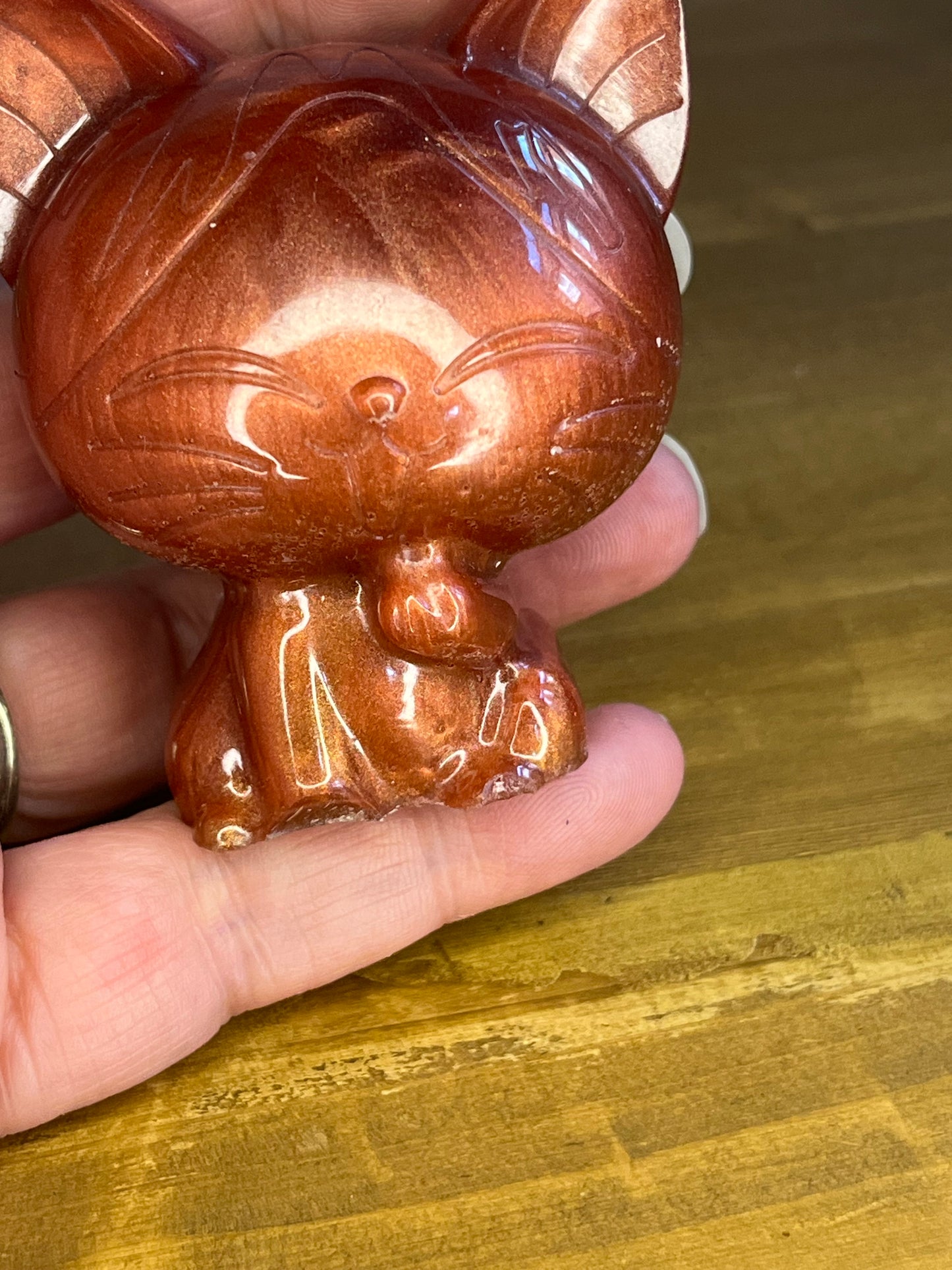 Bronze coloured resin lucky cat figurine, collectible desk buddy, miniature pocket pet, anxiety aid,