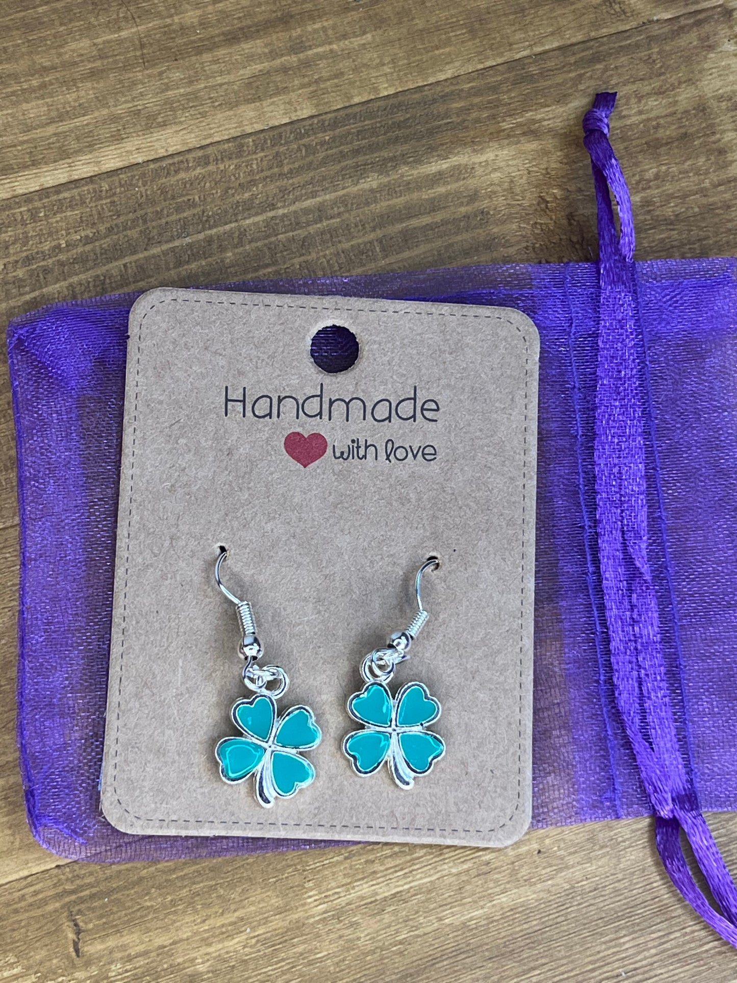 Four Leaf Clover Earrings, Lucky Green Shamrock, Handmade Resin Silver Hypoallergenic Dangle Ear jewellery,