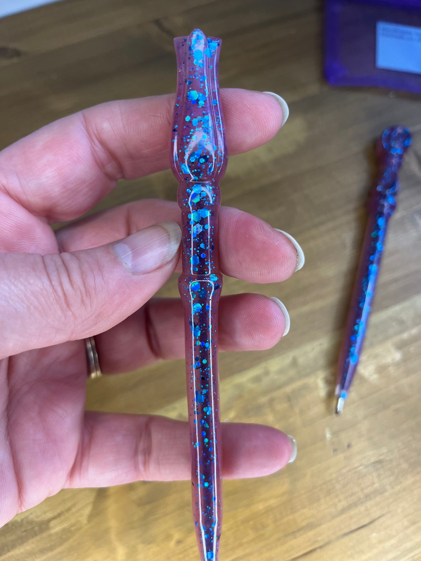 Wand Style Resin Pen Burgundy and Blue Sparkling Fantasy, Handcrafted Galaxy Biro Writers, Artists,