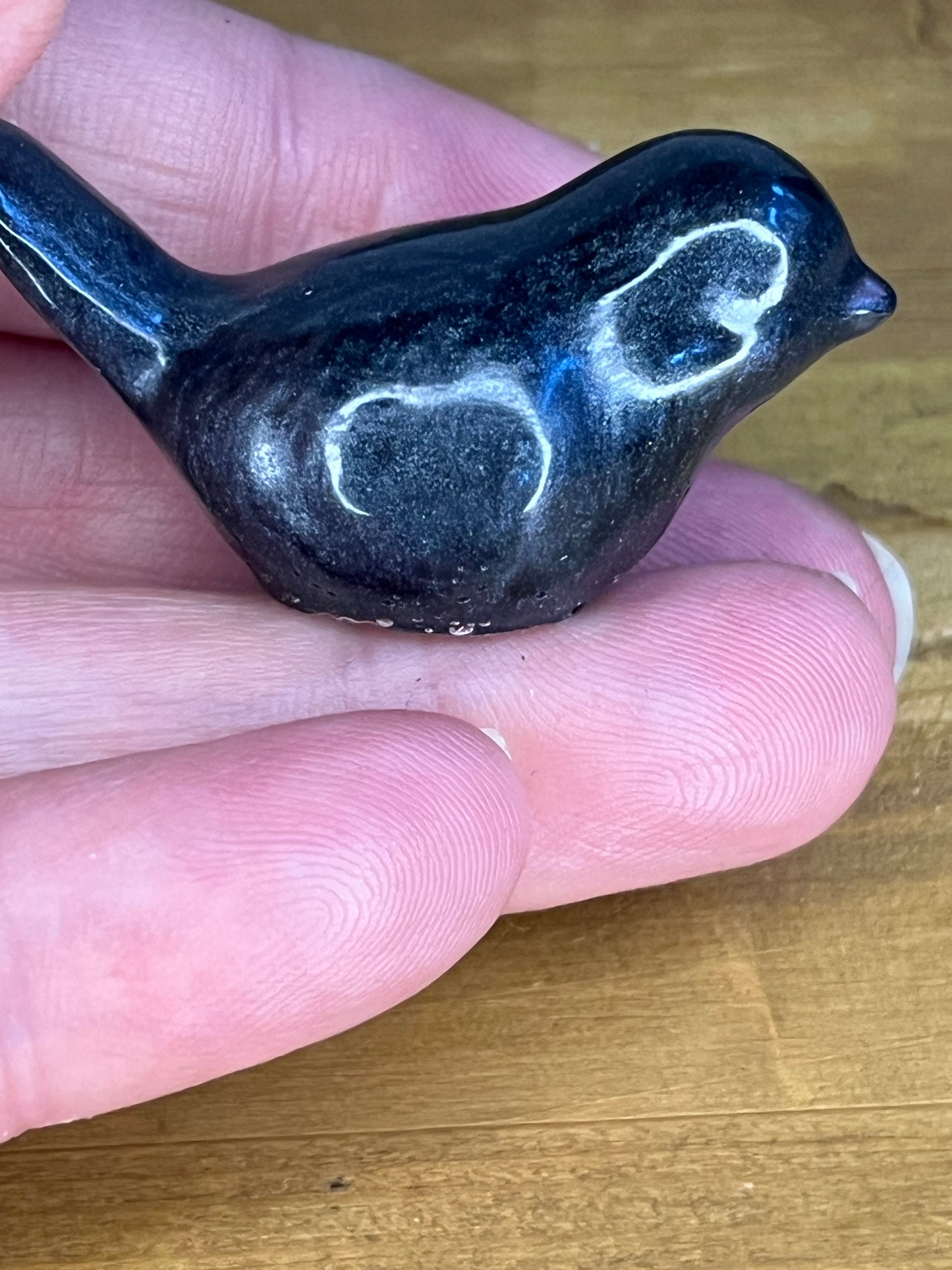 Small resin Blue and Black bird figurine, handmade collectible pocket pet, desk buddy,