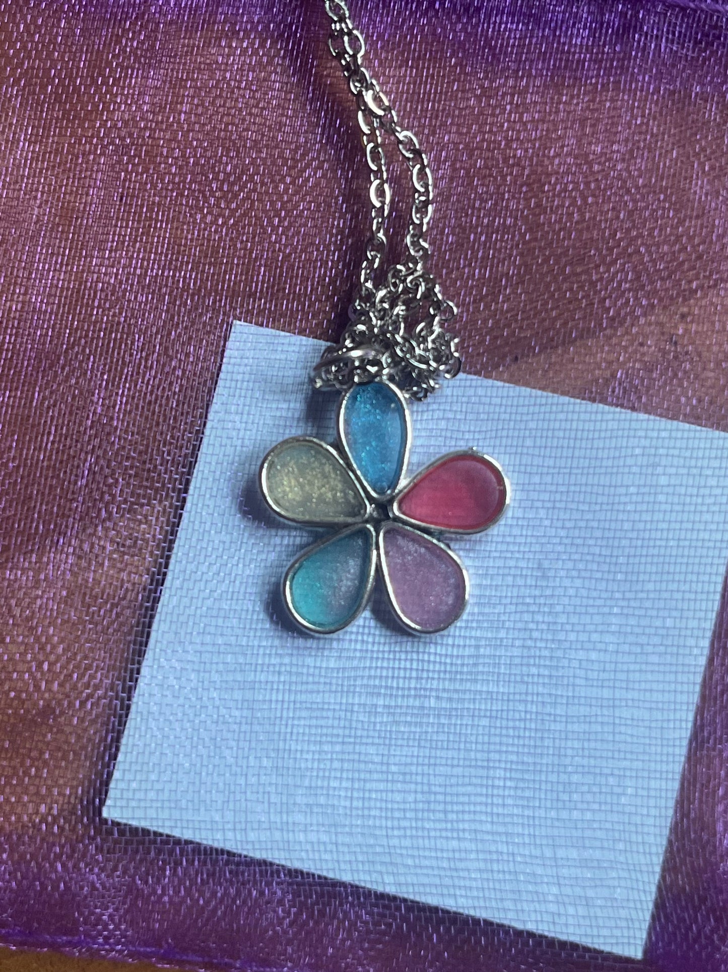 Rainbow Resin Flower Necklace, Handmade Multicoloured Pendant on Stainless Steel Chain, Bridesmaid Gift