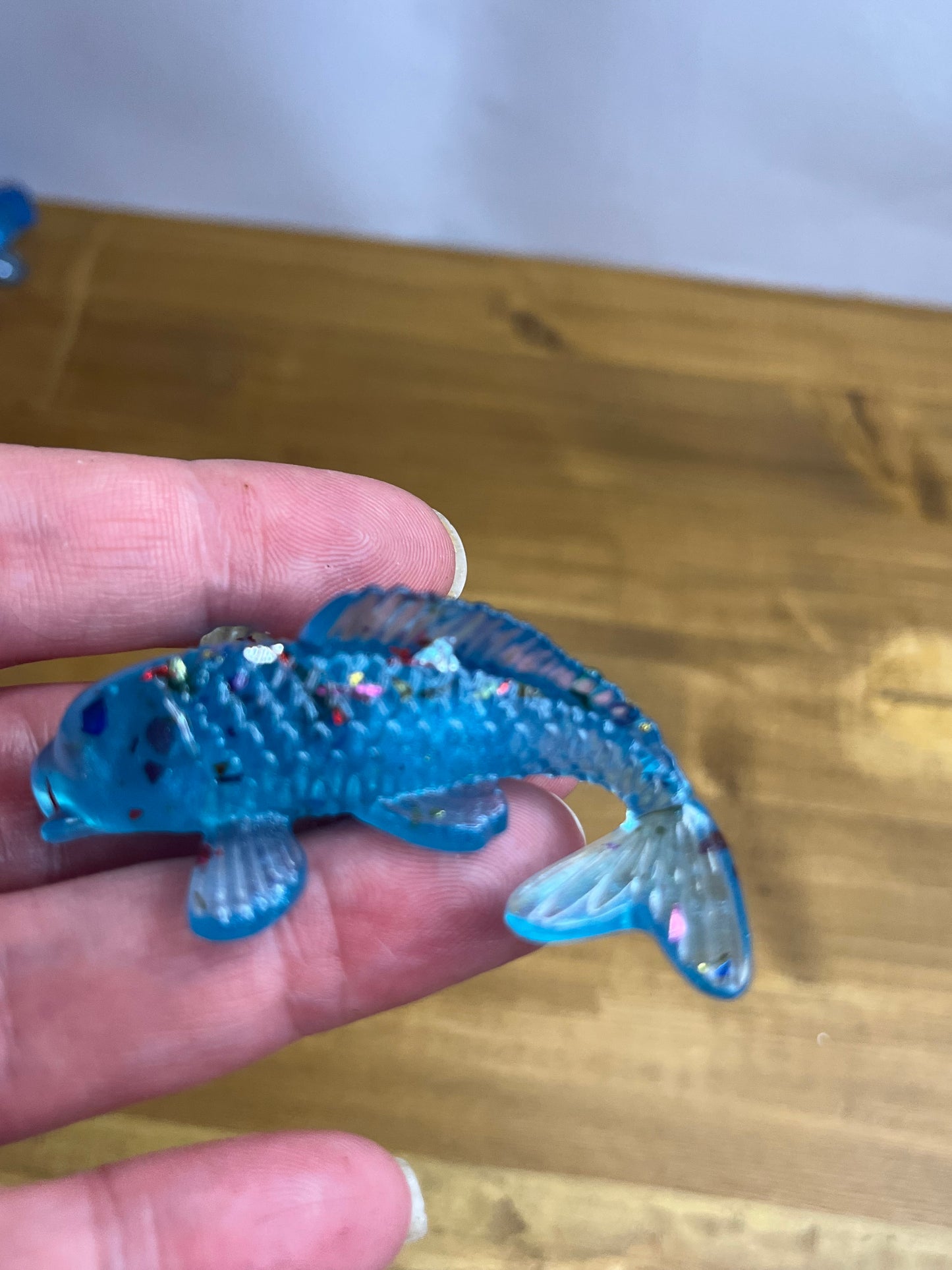 Miniature Koi Fish Figurine, Whimsical Blue and Green Resin Art