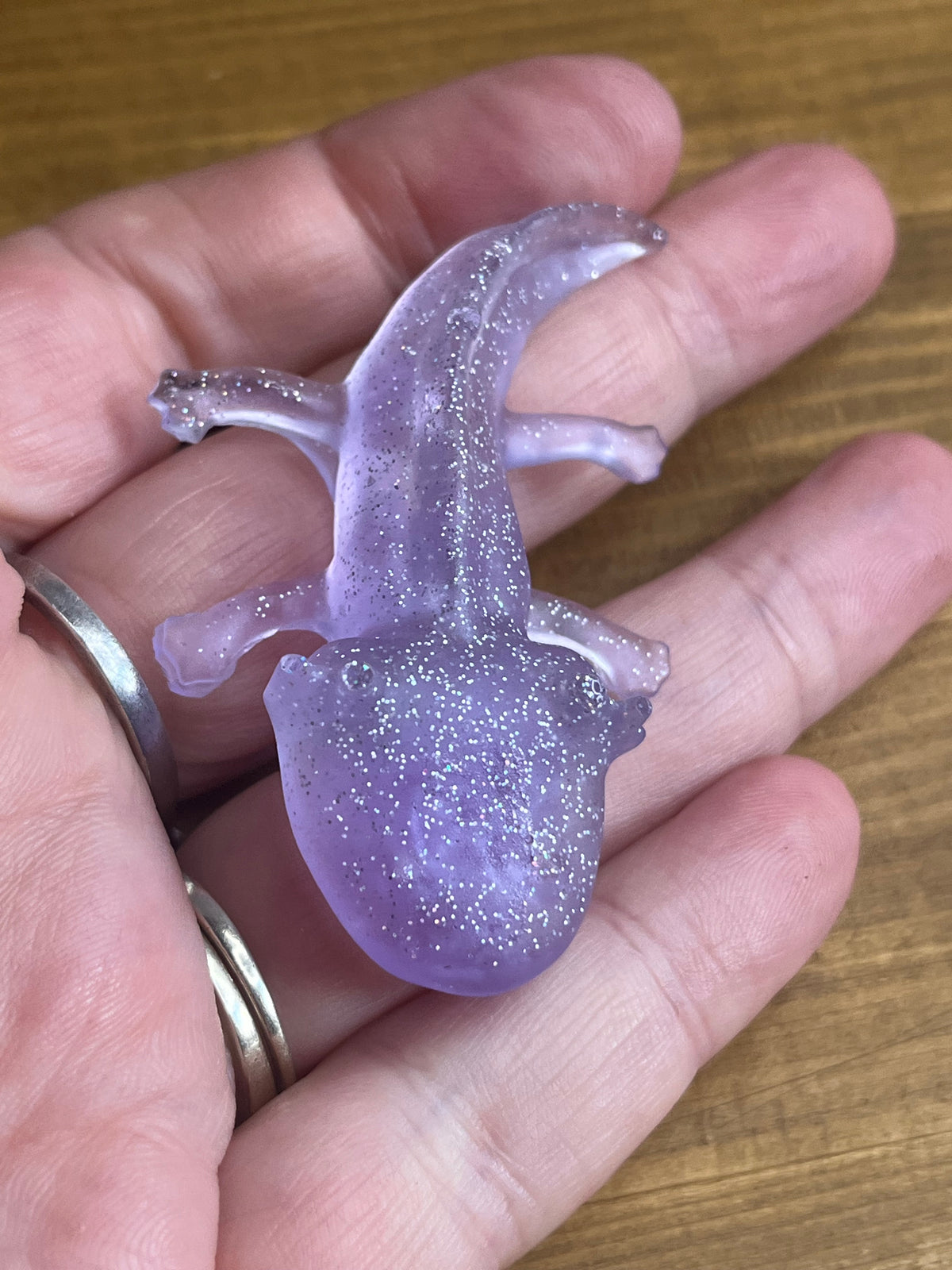 Resin Axolotl Figurine, Miniature Desk Buddy in Purple and Silver Glitter