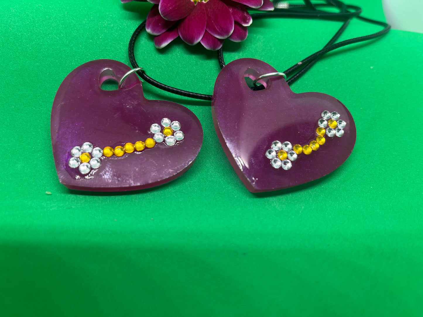Heart flower and diamond necklace, heart necklace, diamond necklace, flower necklace, purple necklace