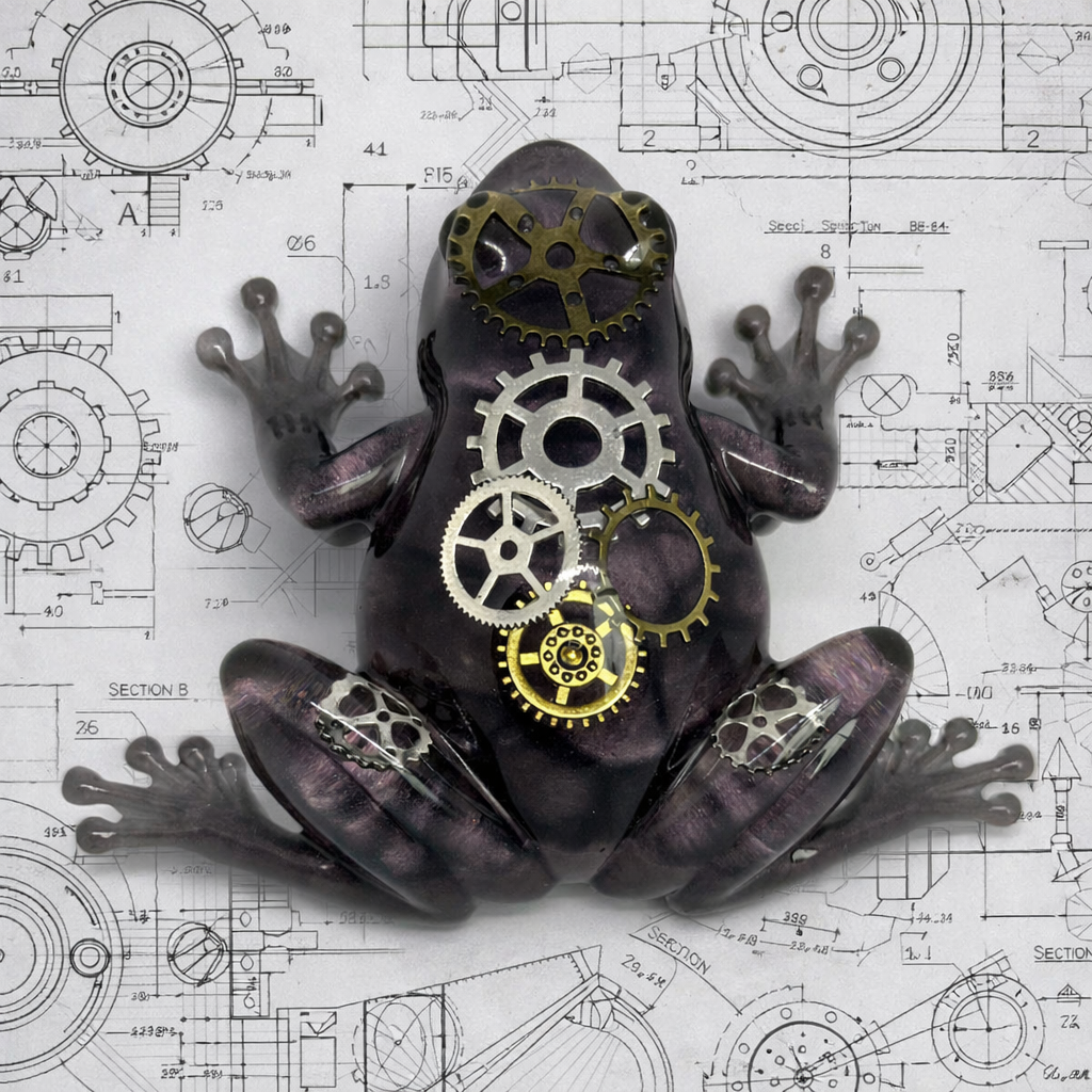 A dark purple frog ornament decorated with metal gears, set against a background of technical blueprints. The gears are in shades of gold and silver, creating a steampunk aesthetic. The frog is in a relaxed pose.