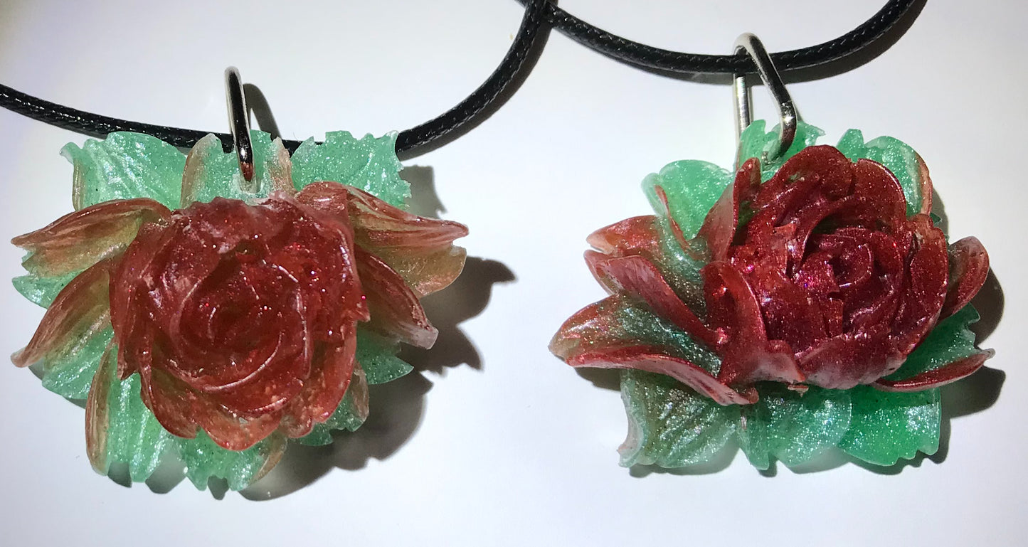 Red and Green Rose Pendant, Rose necklace, Large rose pendant, flower necklace, handmade jewellery for her