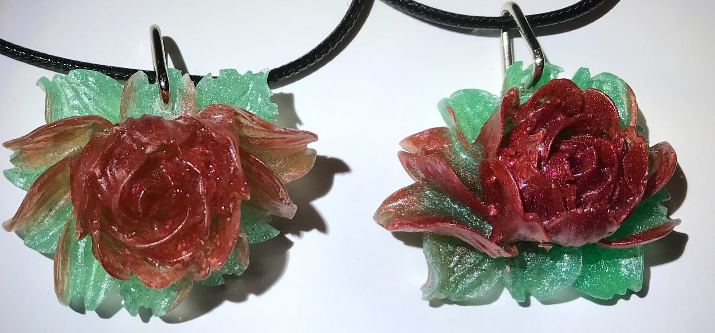 Red and Green Rose Pendant, Rose necklace, Large rose pendant, flower necklace, handmade jewellery for her