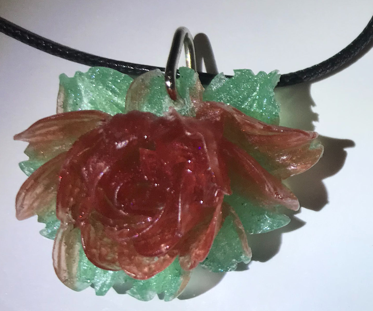 Red and Green Rose Pendant, Rose necklace, Large rose pendant, flower necklace, handmade jewellery for her