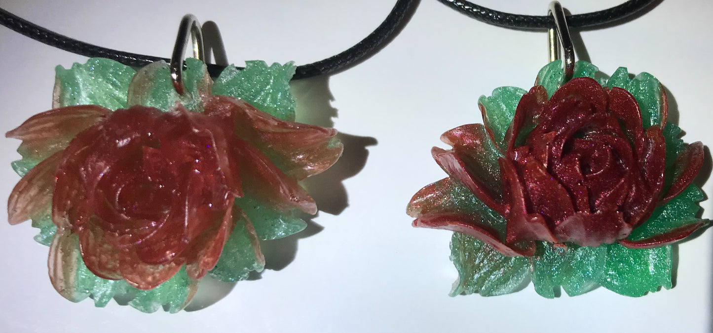 Red and Green Rose Pendant, Rose necklace, Large rose pendant, flower necklace, handmade jewellery for her