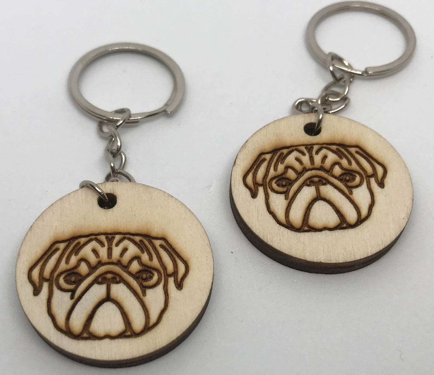 Personalised wooden key rings.