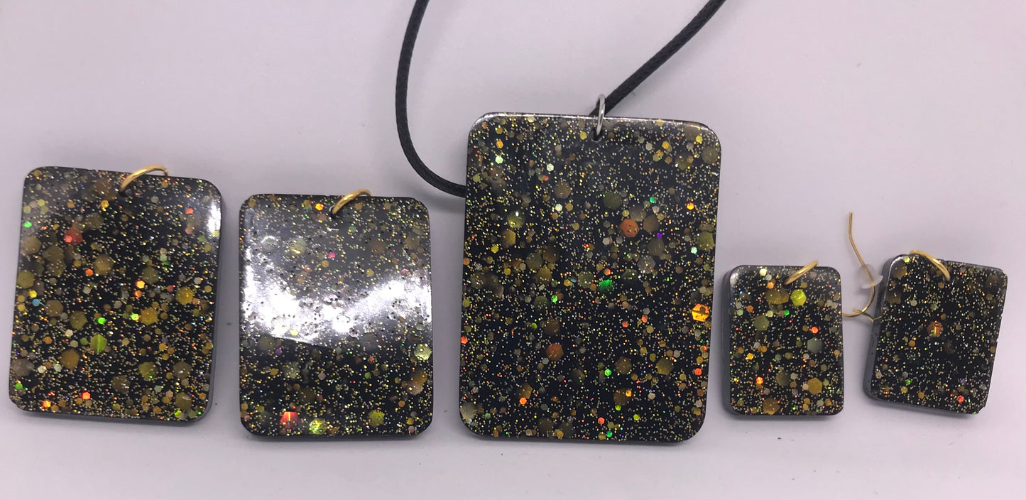 Neon, Sparkly Black, Gold, Blue Necklace and Earrings