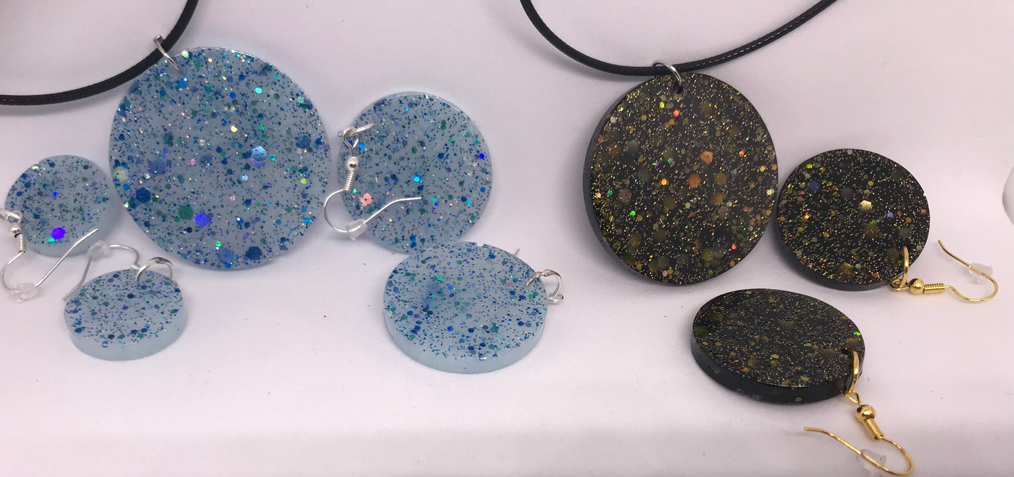Neon, Sparkly Black, Gold, Blue Necklace and Earrings