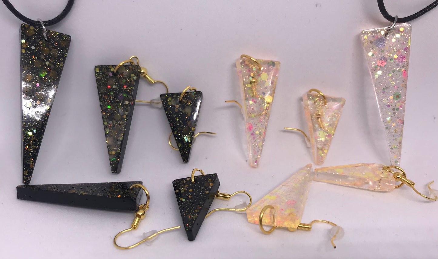 Neon, Sparkly Black, Gold, Blue Necklace and Earrings