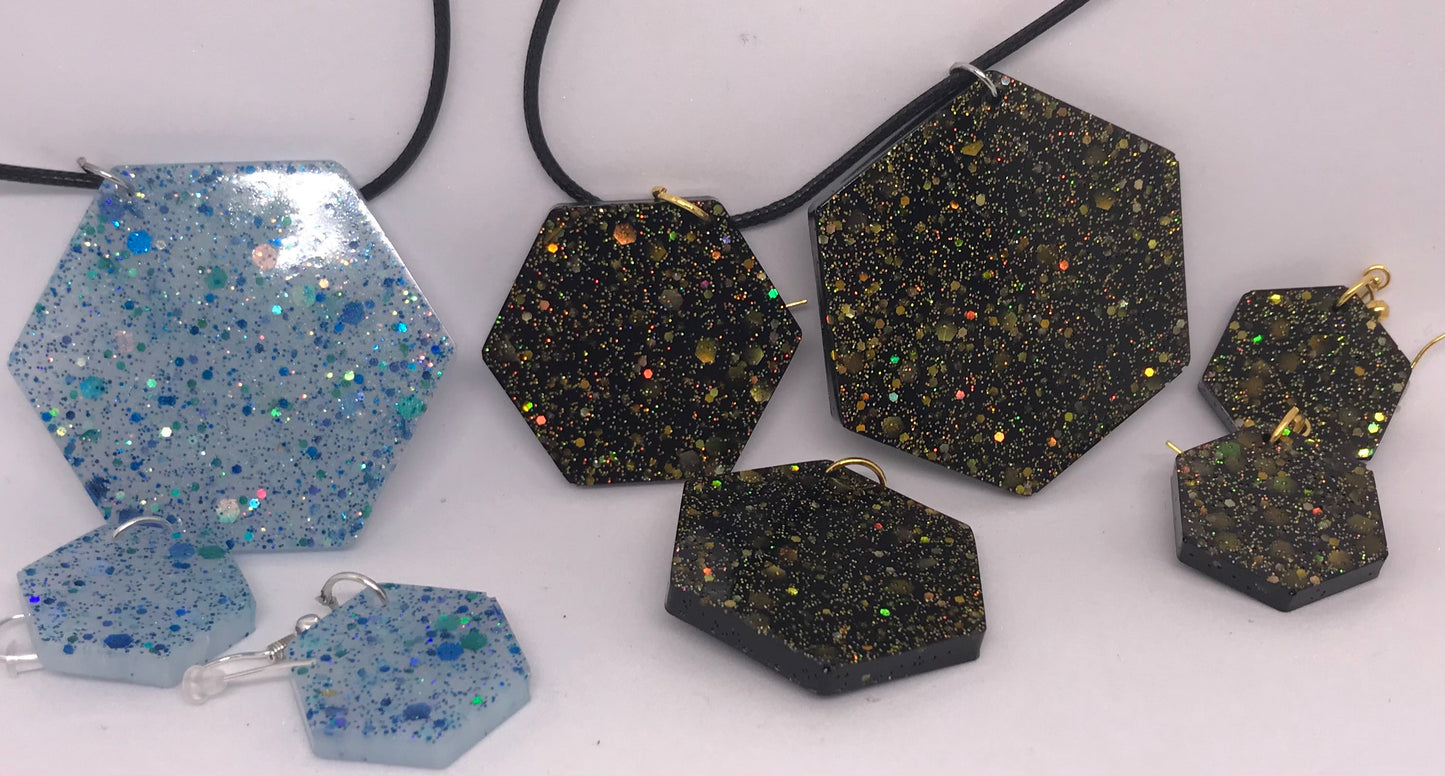 Neon, Sparkly Black, Gold, Blue Necklace and Earrings