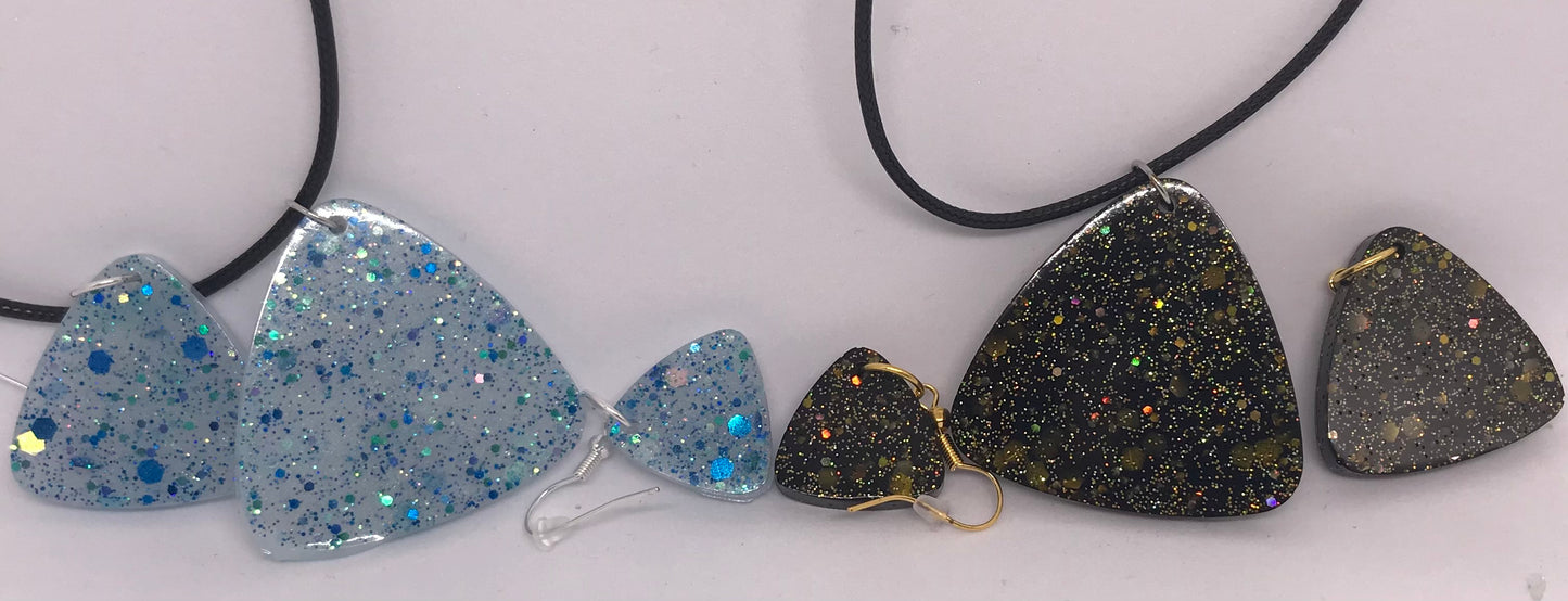 Neon, Sparkly Black, Gold, Blue Necklace and Earrings