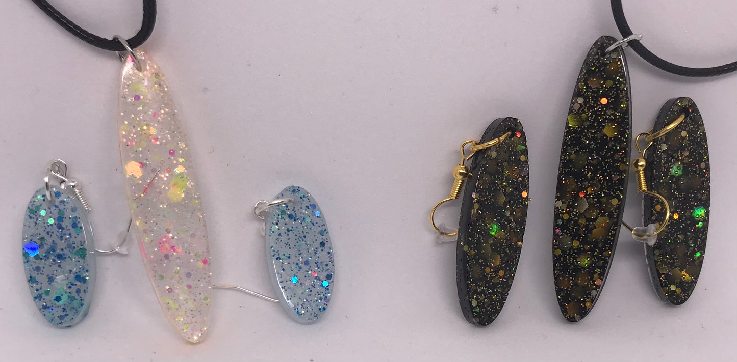 Neon, Sparkly Black, Gold, Blue Necklace and Earrings