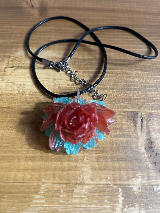 Red and Green Rose Pendant, Rose necklace, Large rose pendant, flower necklace, handmade jewellery for her