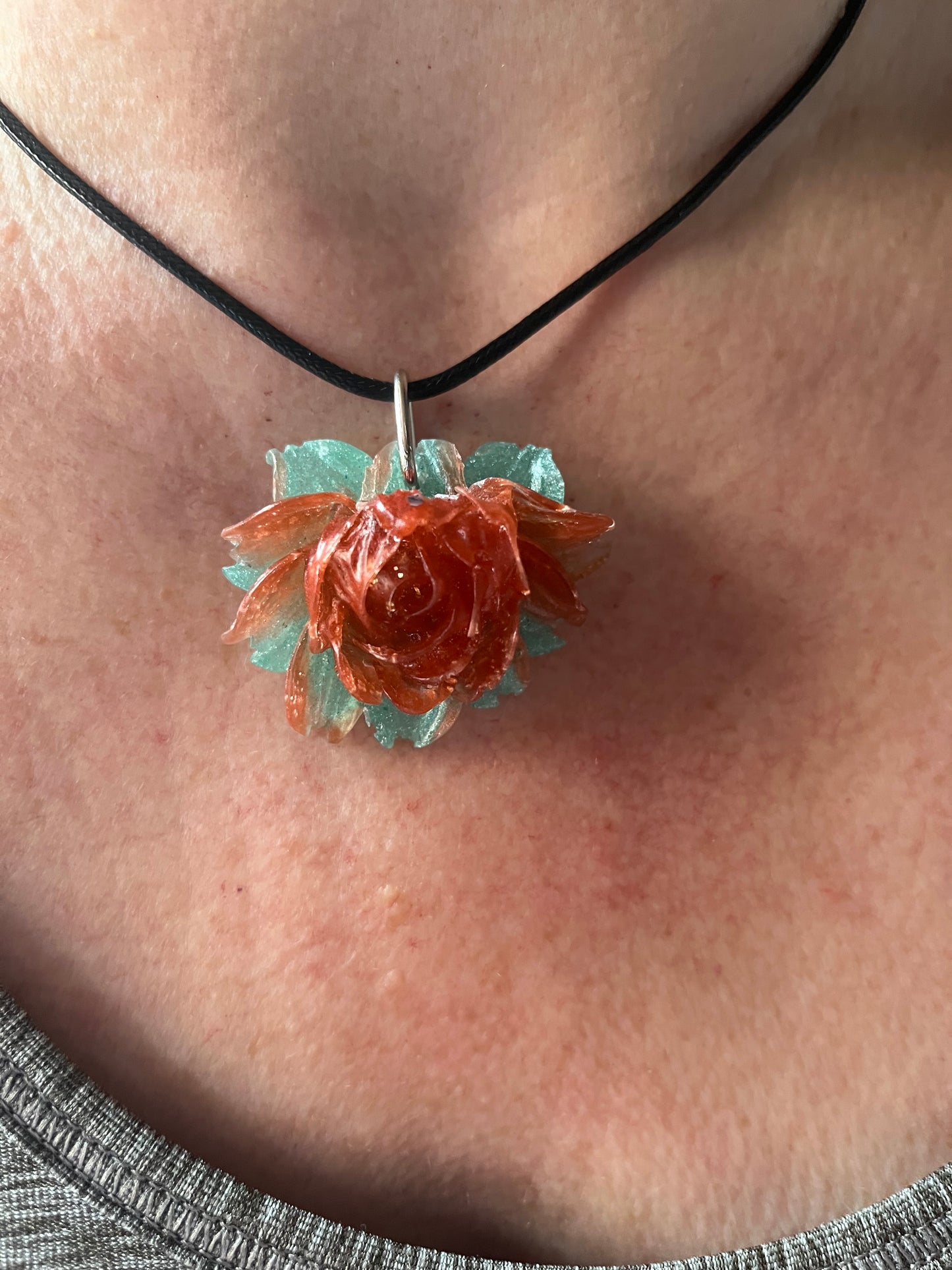 Red and Green Rose Pendant, Rose necklace, Large rose pendant, flower necklace, handmade jewellery for her