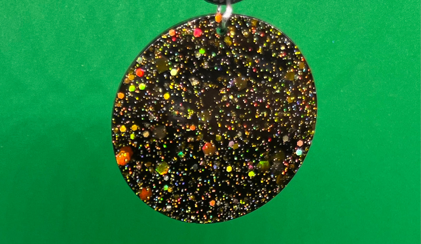 Black and Gold necklace, starry night collection, sparkling necklace, black and gold circle necklace, gifts for her, gold resin necklace