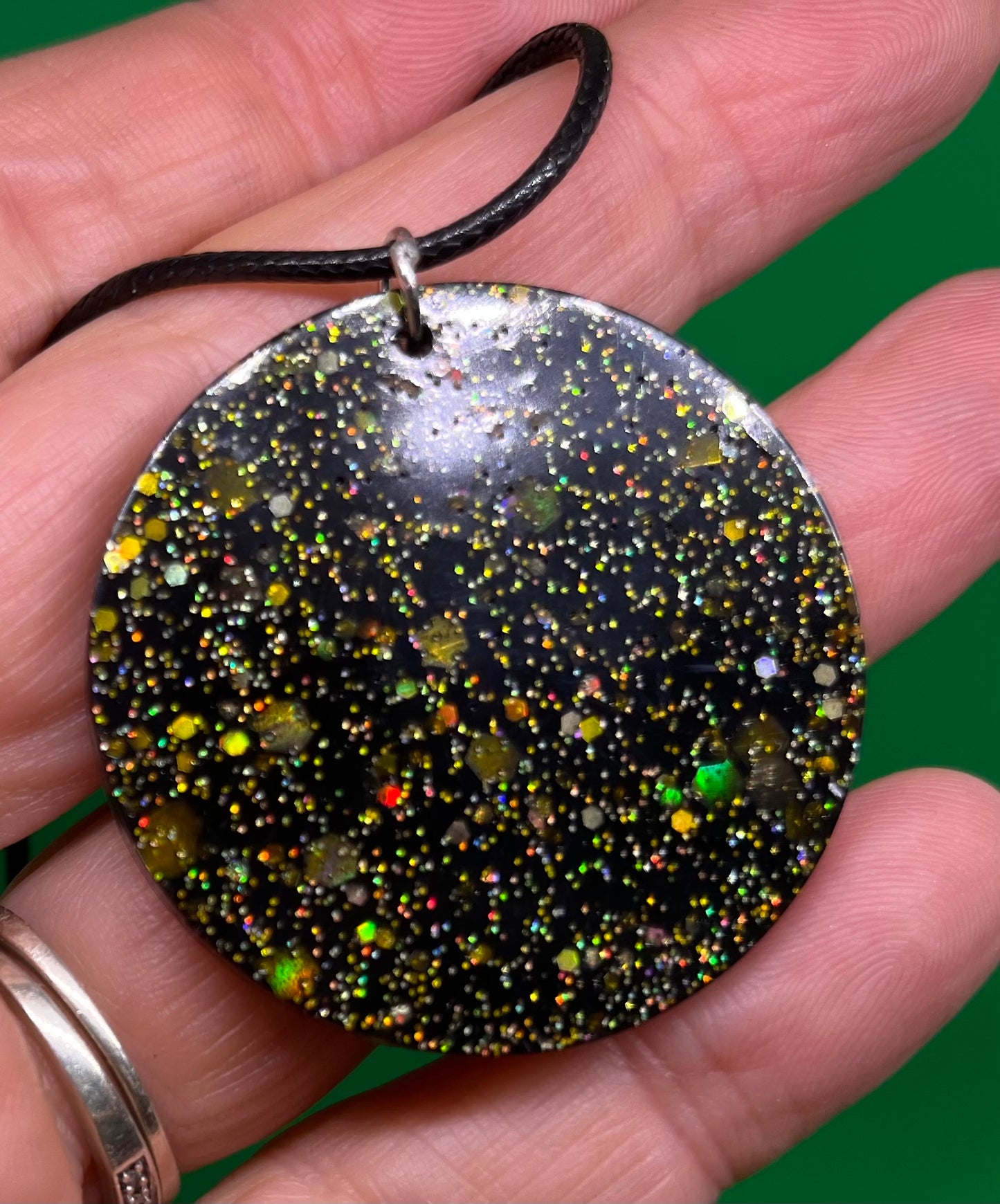 Black and Gold necklace, starry night collection, sparkling necklace, black and gold circle necklace, gifts for her, gold resin necklace