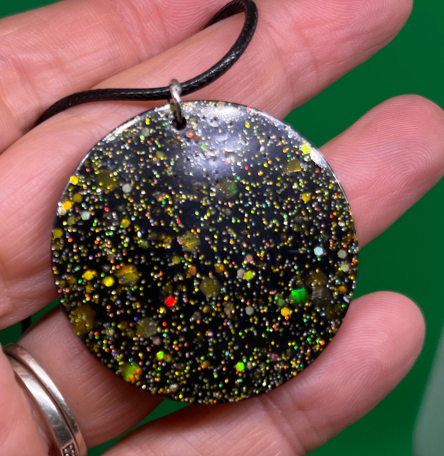 Black and Gold necklace, starry night collection, sparkling necklace, black and gold circle necklace, gifts for her, gold resin necklace