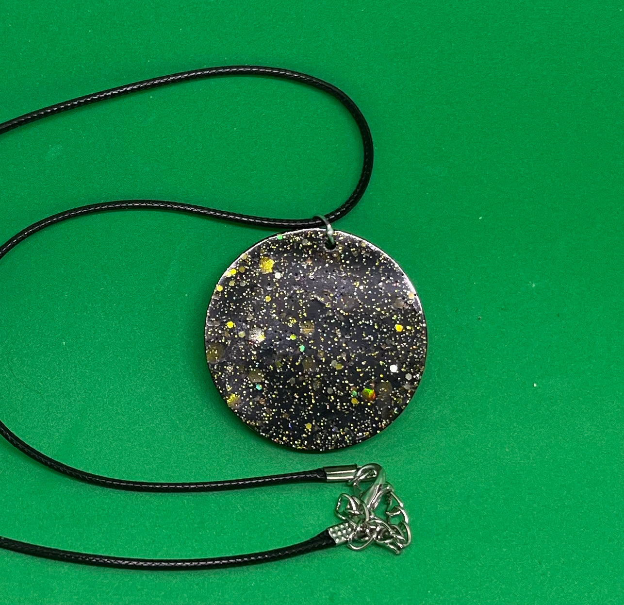 Black and Gold necklace, starry night collection, sparkling necklace, black and gold circle necklace, gifts for her, gold resin necklace