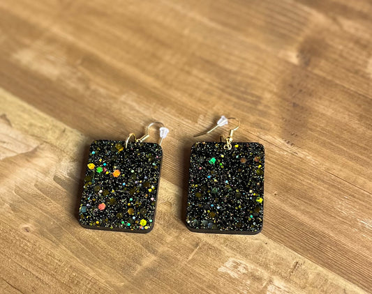 Black and Gold large square earrings, starry night collection, sparkling earrings, black and gold square earrings, large earrings, gifts for her