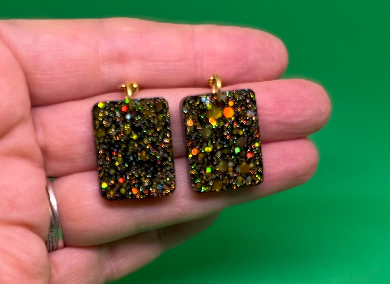 Black and Gold small square earrings, starry night collection, sparkling earrings, black and gold square earrings, small drop earrings, gifts for her