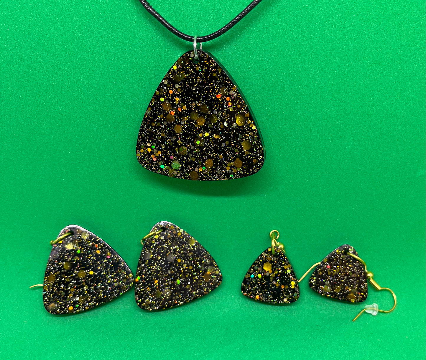 Black and Gold large triangular earrings, starry night collection, sparkling earrings, black and gold triangular earrings, gifts for her