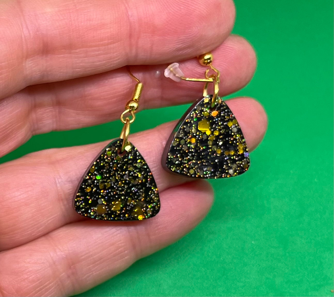 Black and Gold small triangle earrings, starry night collection, sparkling earrings, black and gold triangle earrings, gifts for her