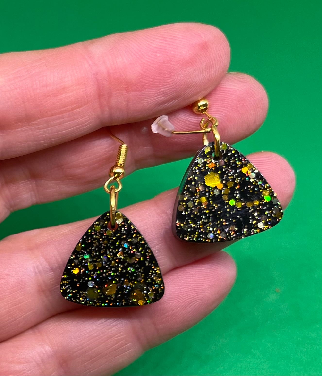 Black and Gold small triangle earrings, starry night collection, sparkling earrings, black and gold triangle earrings, gifts for her