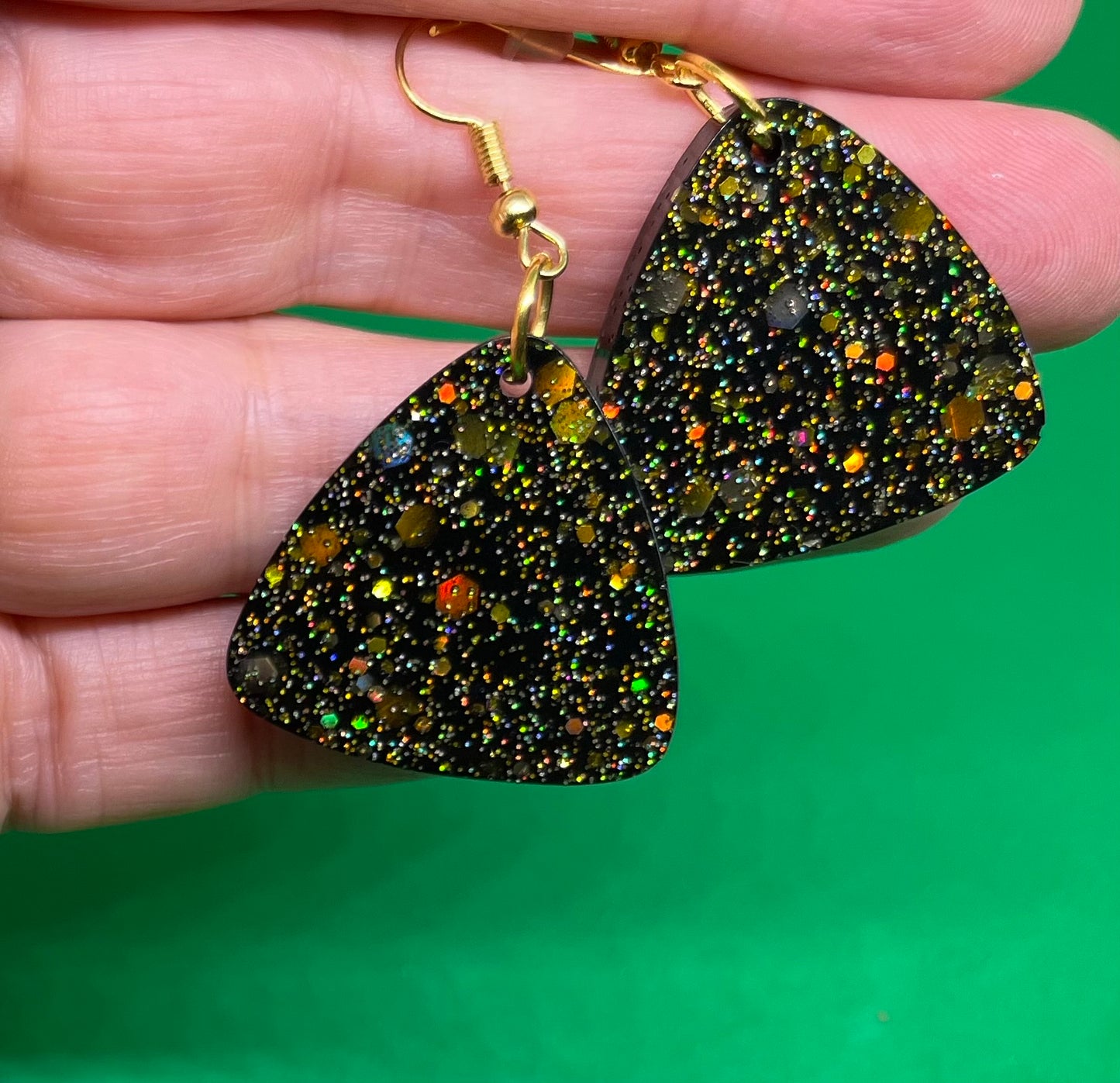 Black and Gold large triangular earrings, starry night collection, sparkling earrings, black and gold triangular earrings, gifts for her