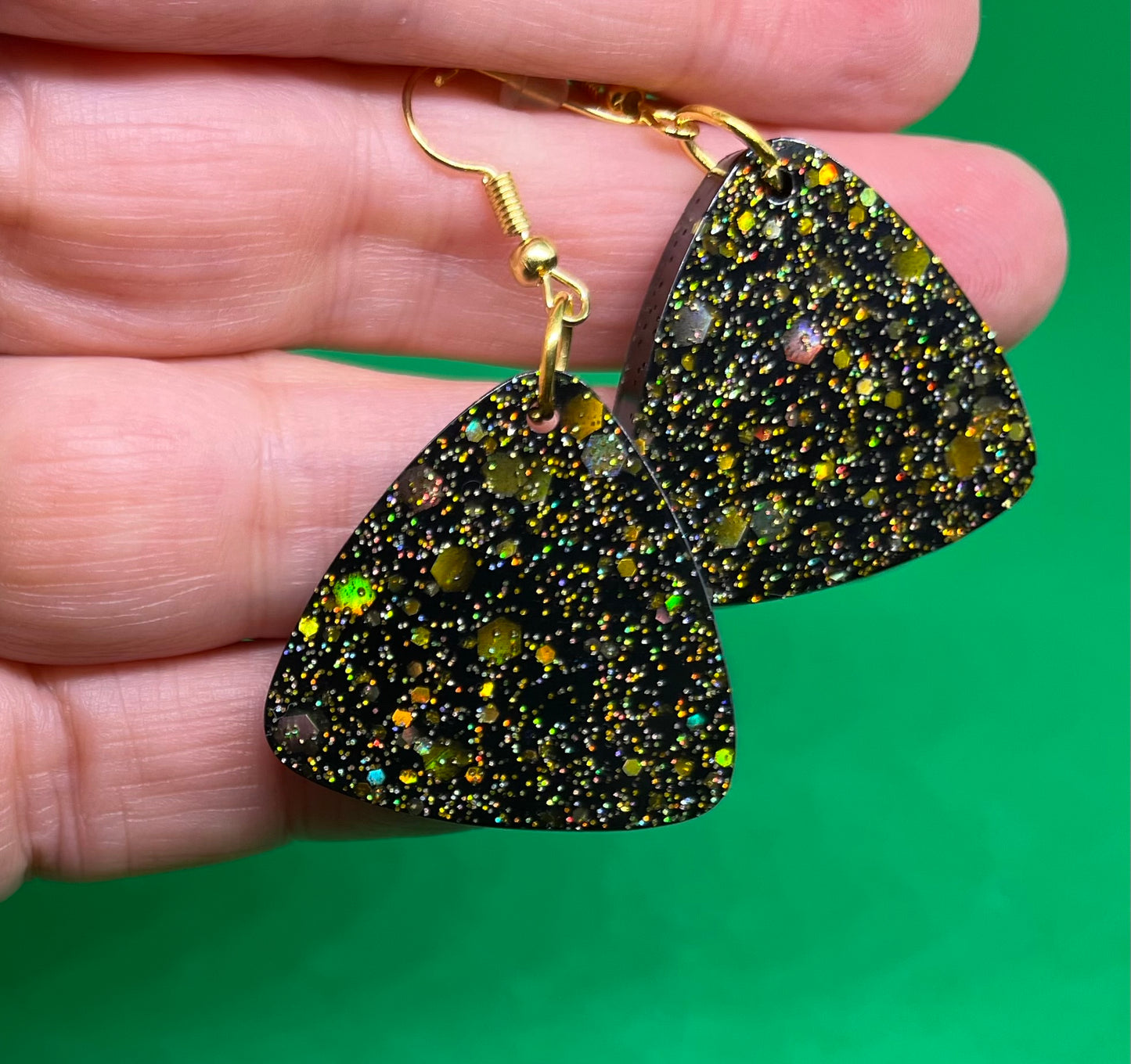 Black and Gold large triangular earrings, starry night collection, sparkling earrings, black and gold triangular earrings, gifts for her