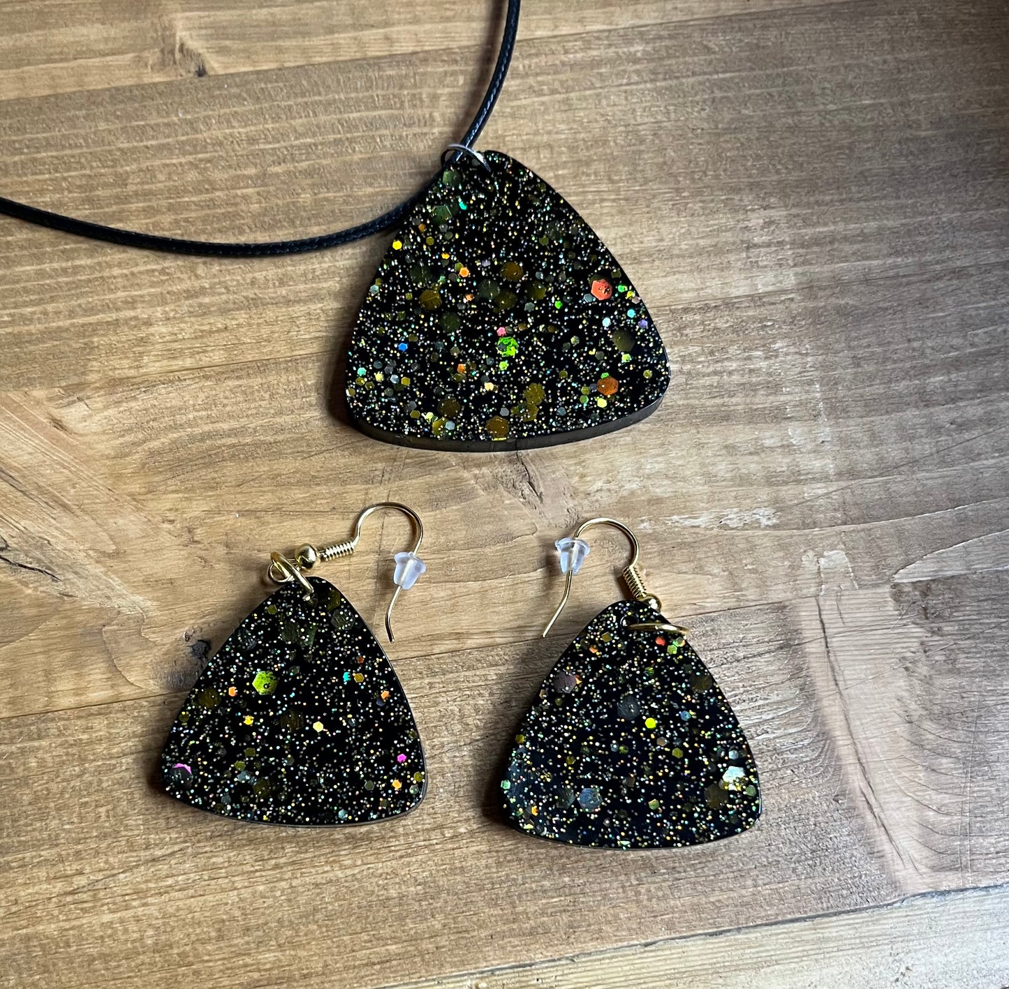 Black and Gold large triangular earrings, starry night collection, sparkling earrings, black and gold triangular earrings, gifts for her