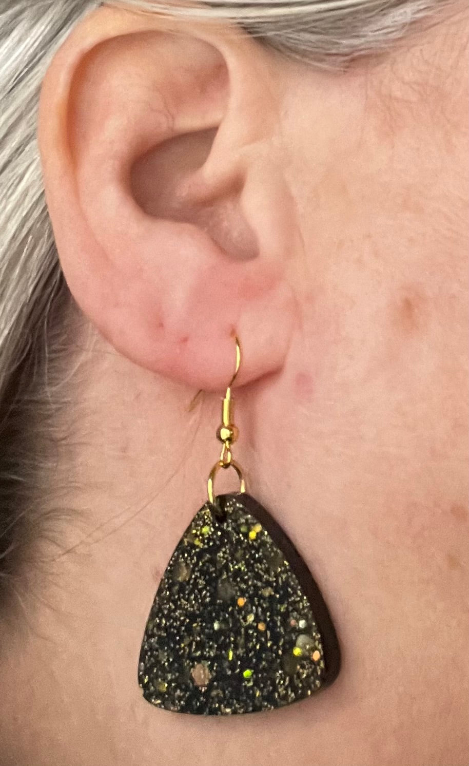 Black and Gold large triangular earrings, starry night collection, sparkling earrings, black and gold triangular earrings, gifts for her