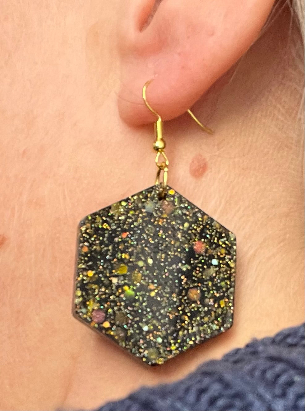 Black and Gold large hexagon earrings, starry night collection, sparkling earrings, black and gold hexagon earrings, gifts for her