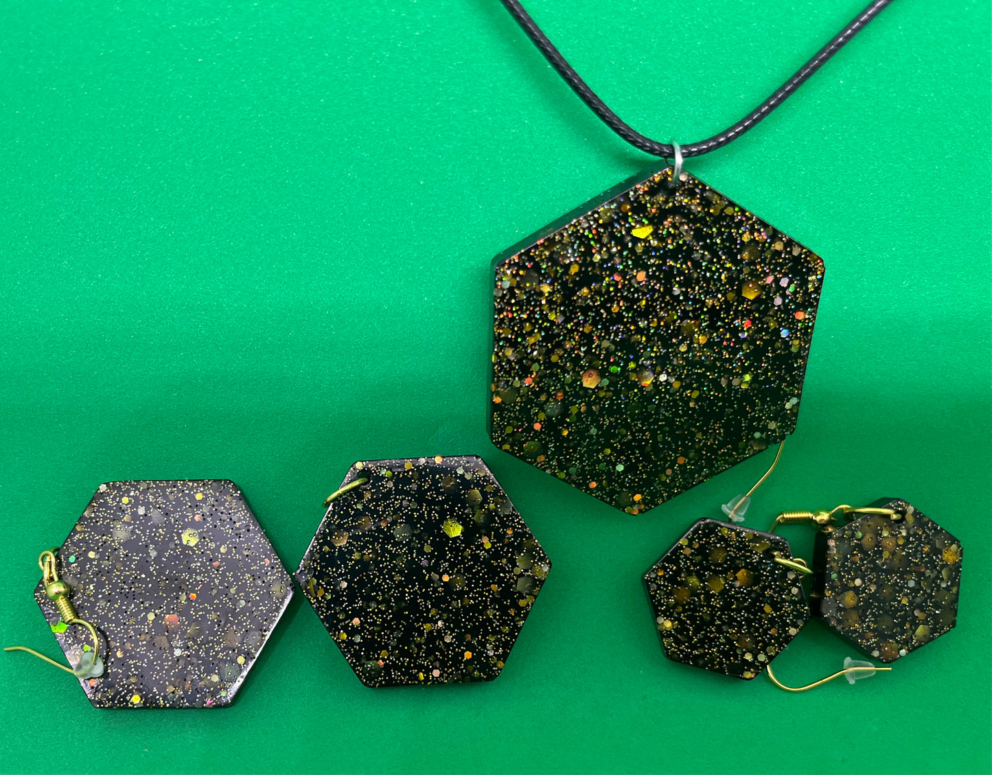 Black and Gold large hexagon earrings, starry night collection, sparkling earrings, black and gold hexagon earrings, gifts for her