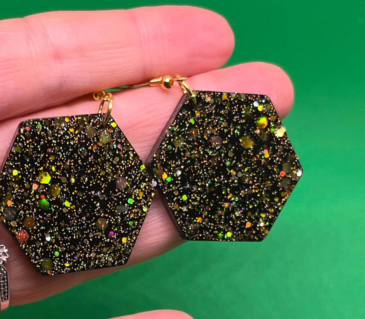 Black and Gold large hexagon earrings, starry night collection, sparkling earrings, black and gold hexagon earrings, gifts for her