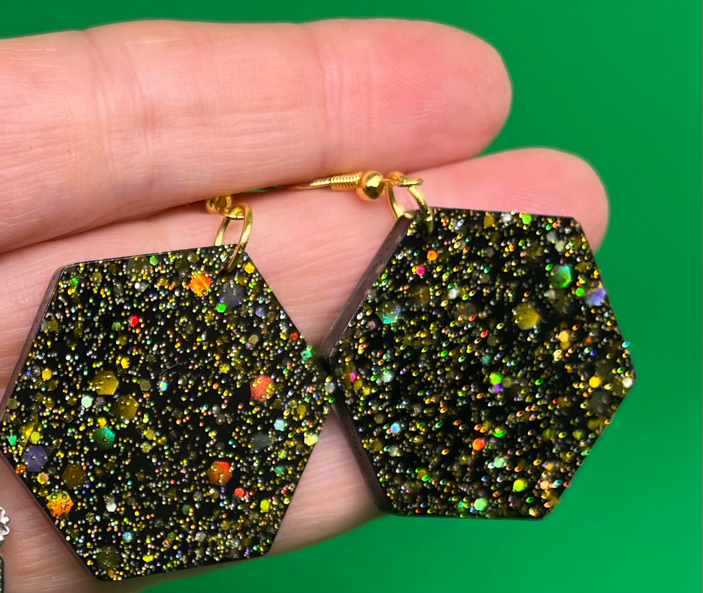 Black and Gold large hexagon earrings, starry night collection, sparkling earrings, black and gold hexagon earrings, gifts for her