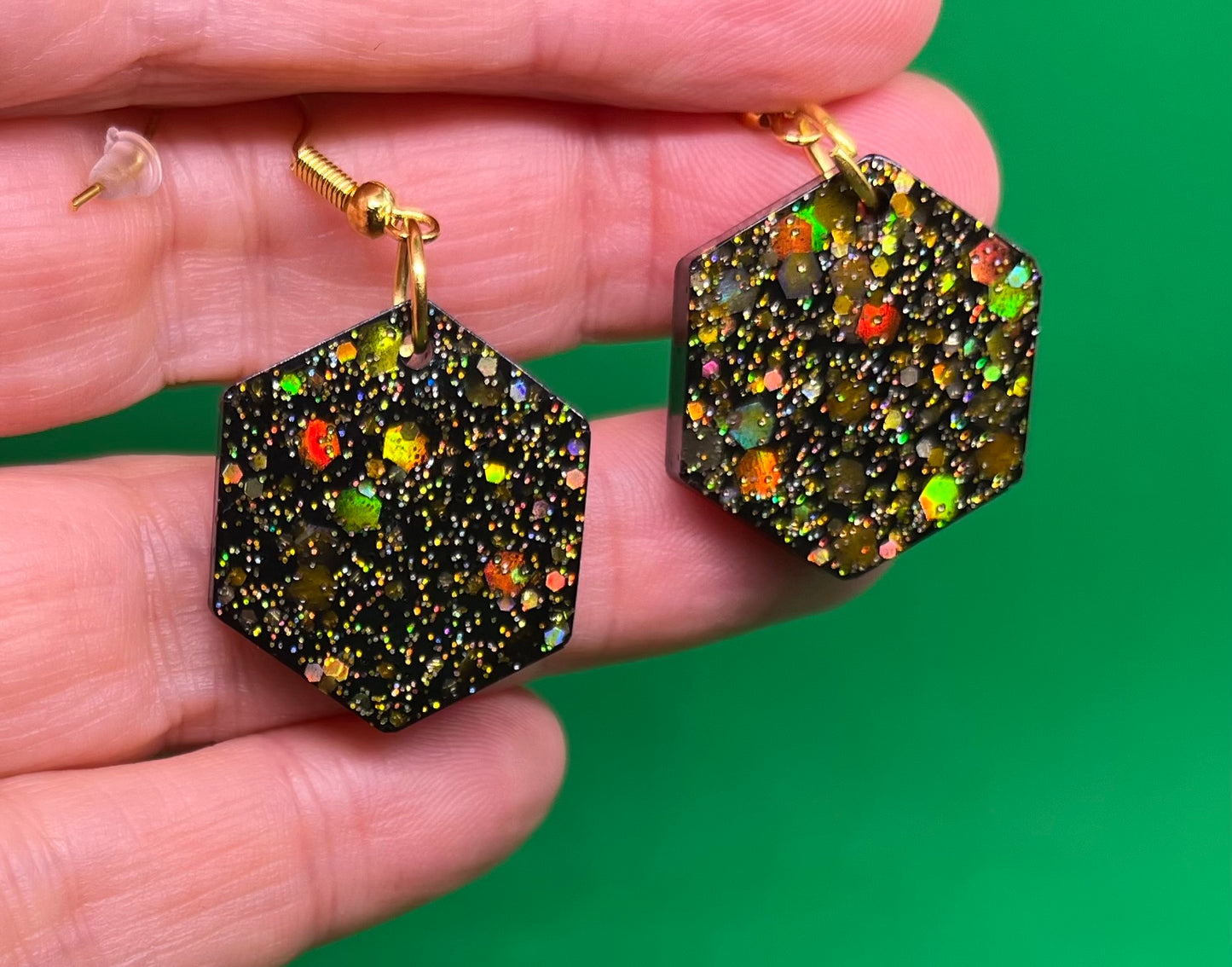 Black and Gold small hexagon earrings, starry night collection, sparkling earrings, black and gold hexagon earrings, gifts for her
