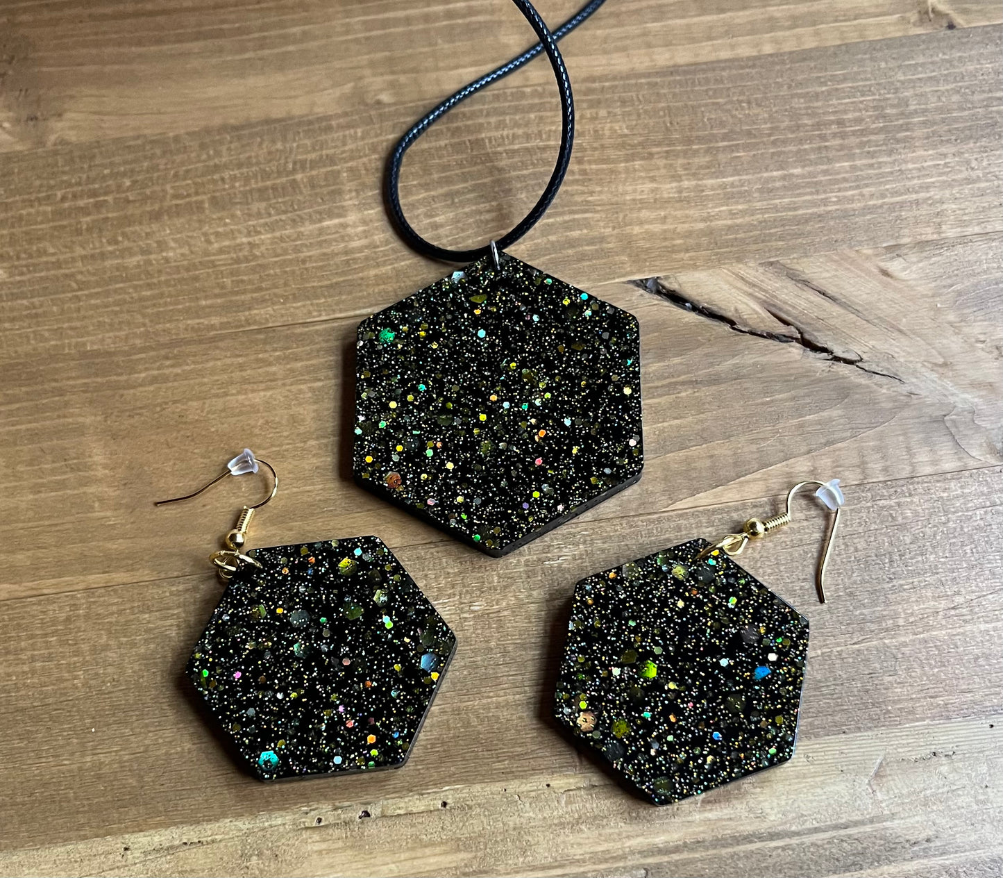 Black and Gold necklace, starry night collection, sparkling necklace, black and gold hexagon shaped necklace, gifts for her