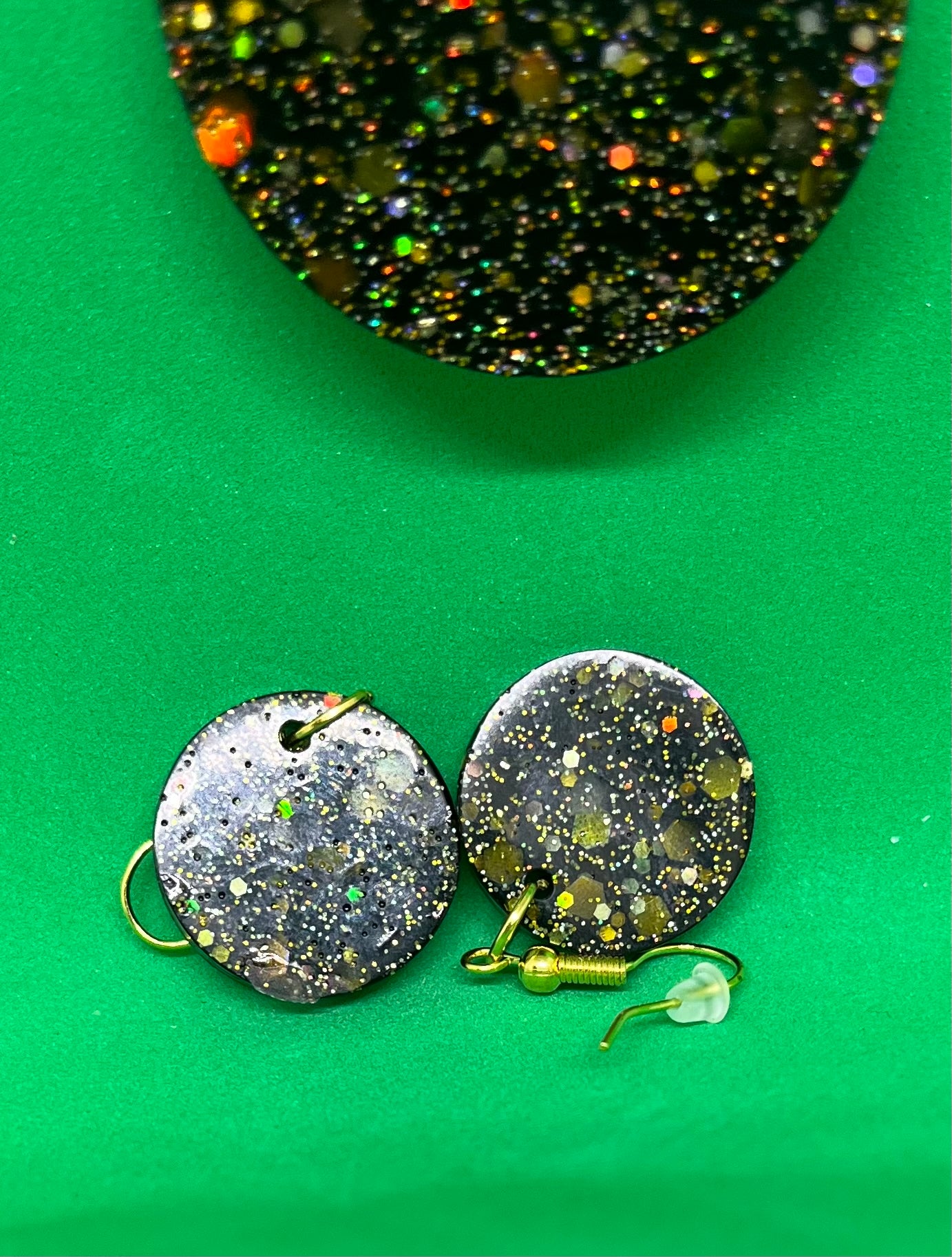 Black and Gold small circle earrings, starry night collection, sparkling earrings, black and gold circle earrings, gifts for her