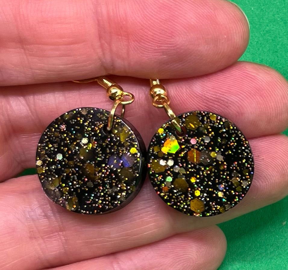 Black and Gold small circle earrings, starry night collection, sparkling earrings, black and gold circle earrings, gifts for her